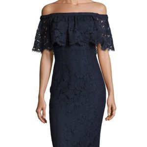 Theia off-the-shoulder navy lace midi dress